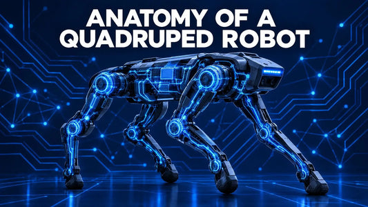 Dark navy tech cover diagram illustrating the internal anatomy and components of a quadruped robot.