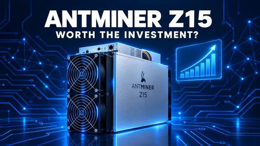 Temno modra tehnološka naslovnica z rudarjem ASIC Bitmain Antminer Z15 za pregled naložbene vrednosti.