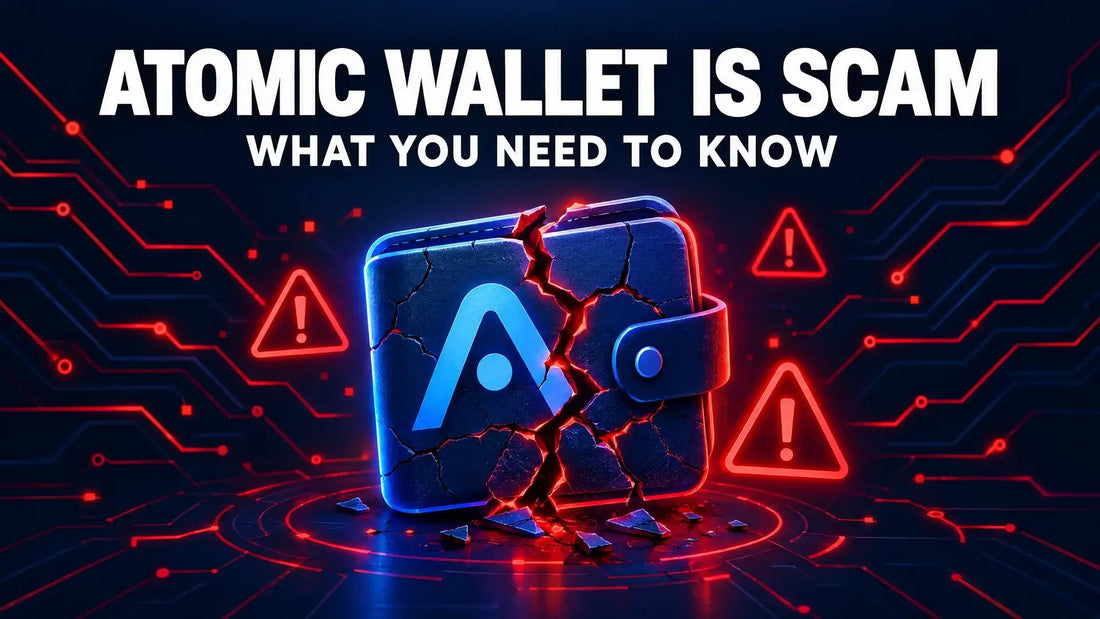 Dark navy tech-style warning cover about the Atomic Wallet security breach and scam risk, glowing circuit-board background.