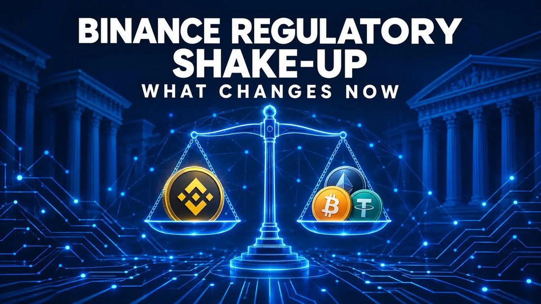 Dark navy tech cover representing regulatory scrutiny and changes affecting the Binance crypto exchange.