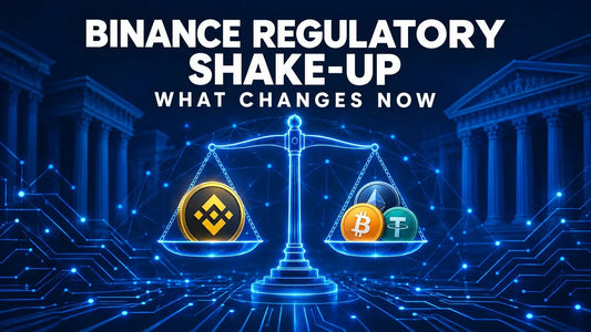 Temno modra tehnološka naslovnica, ki predstavlja regulativni nadzor in spremembe, ki vplivajo na kripto borzo Binance.