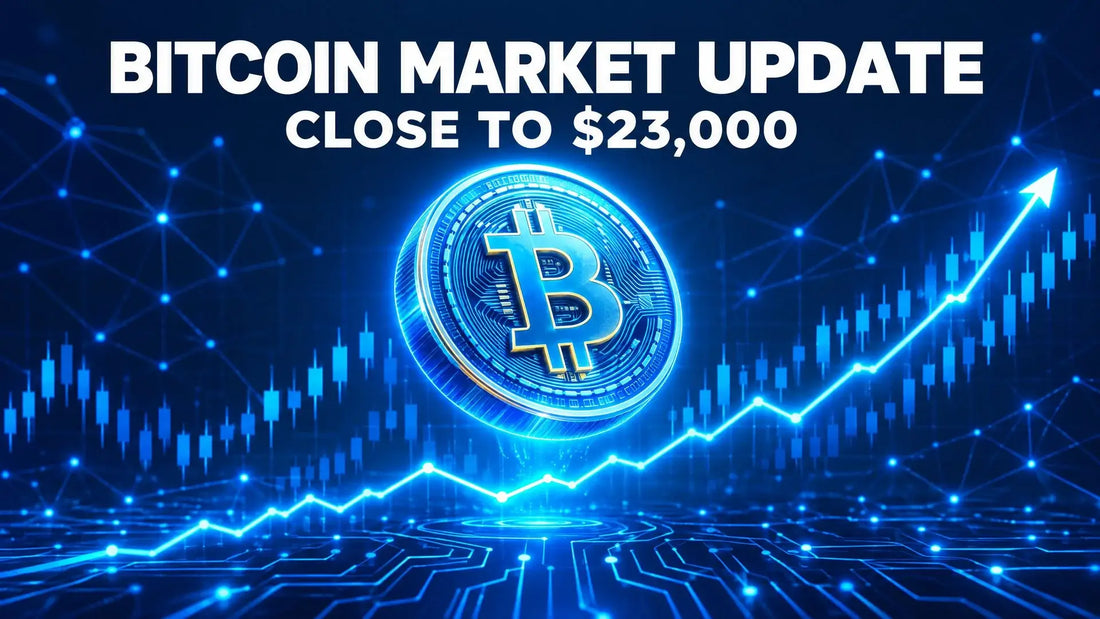 Dark navy crypto market update cover showing Bitcoin price movement near $23,000, glowing circuit-board tech background.