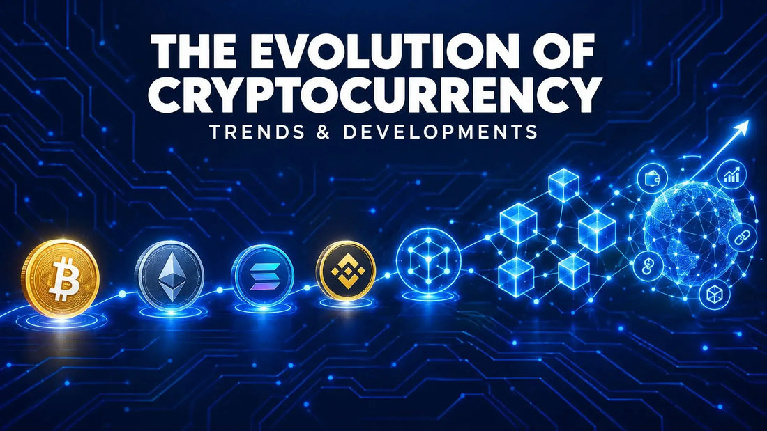 Dark navy tech cover illustrating the historical evolution and trends of cryptocurrency, glowing circuit-board network graphic.