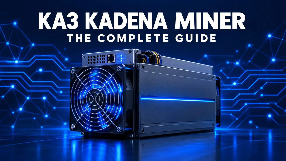 Dark navy tech cover showcasing the KA3 Kadena ASIC miner for a complete buying and setup guide.