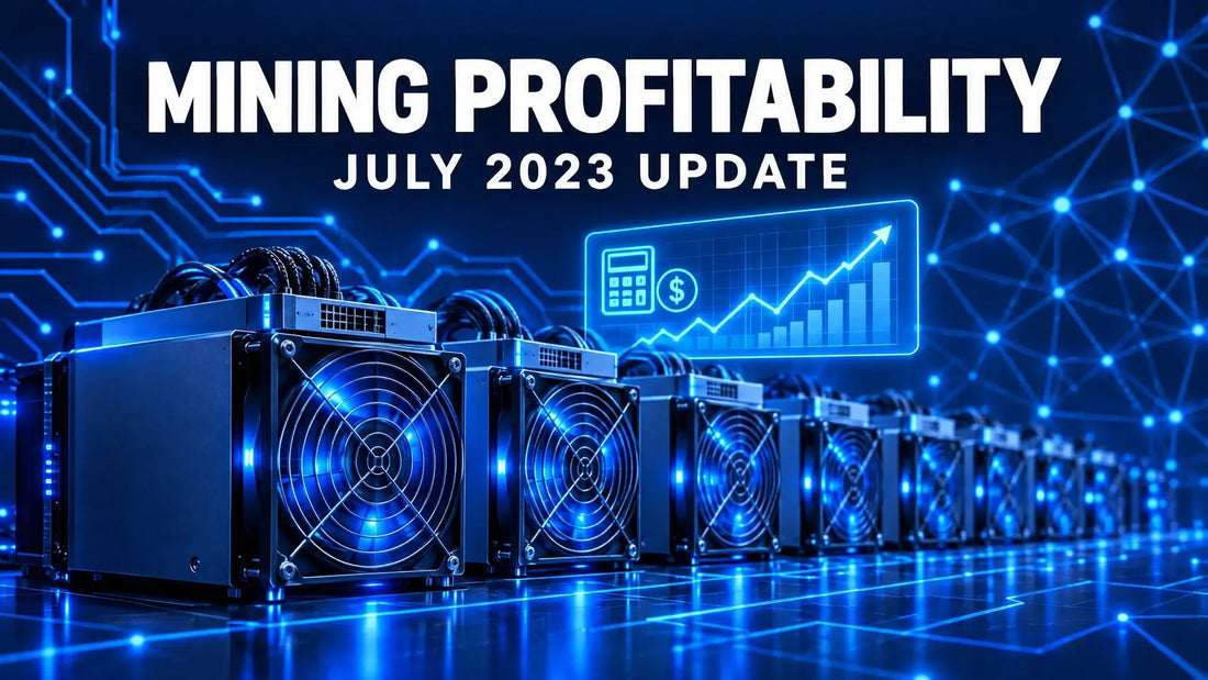 Dark navy tech cover examining cryptocurrency mining profitability as of July 2023.