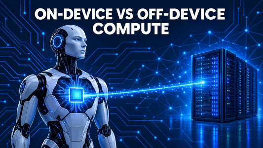Dark navy tech cover comparing on-device versus off-device (cloud/edge) compute architectures for robots.