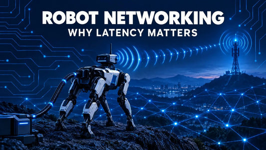 Dark navy tech cover illustrating robot networking options - Wi-Fi, tethers, and 5G - and their impact on latency.