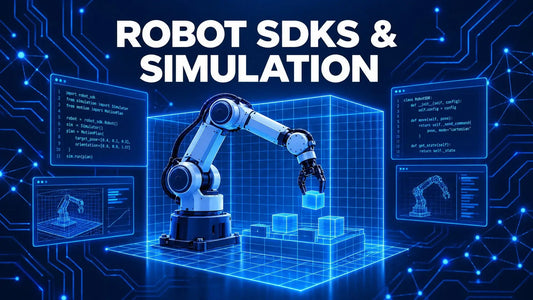 Dark navy tech cover representing robot development with ROS 2 SDKs and simulation environments.