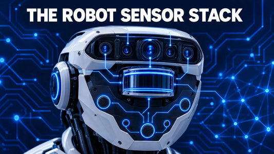 Dark navy tech cover illustrating the layered sensor stack used in modern robots (cameras, LiDAR, IMU).