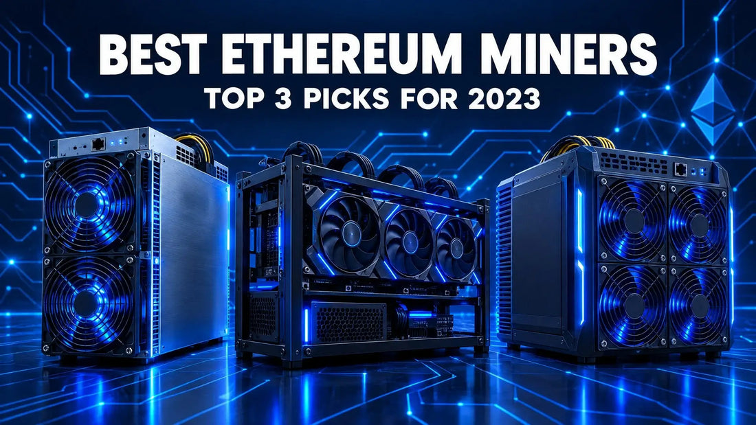 Dark navy tech cover featuring ASIC/GPU mining hardware illustrating the top Ethereum mining rigs of 2023.
