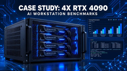 Dark navy tech cover showing a 4x RTX 4090 GPU workstation build for a local AI case study.