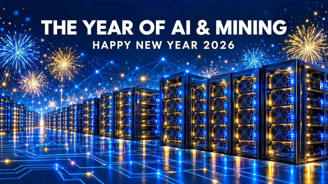 Dark navy tech-themed New Year cover graphic with glowing circuit-board pattern celebrating the start of 2026 for OneMiners.
