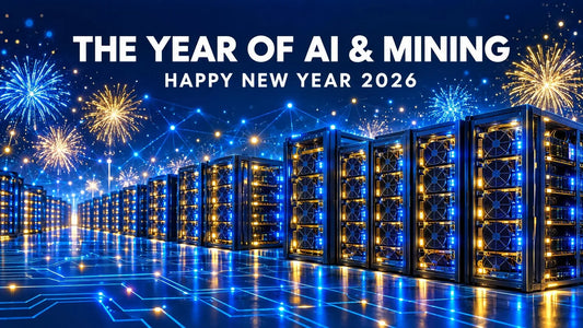 Dark navy tech-themed New Year cover graphic with glowing circuit-board pattern celebrating the start of 2026 for OneMiners.