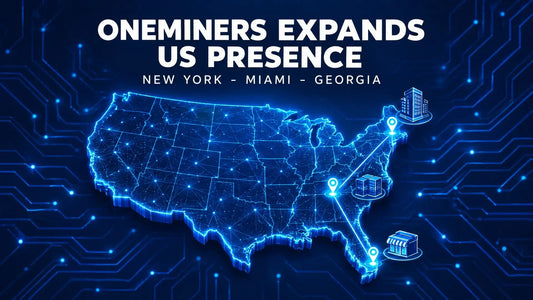 Dark navy tech-style cover graphic announcing OneMiners' US expansion with New York office, Miami showroom and Georgia hosting facility, glowing circuit-board background.