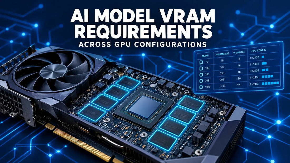 Dark navy tech cover comparing VRAM requirements for AI models across different GPU configurations.