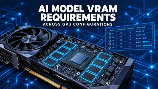 Dark navy tech cover comparing VRAM requirements for AI models across different GPU configurations.