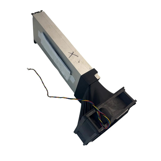 HX Cooler Kit rear view - manifold outlet, fan frame and 4-pin PWM power cable